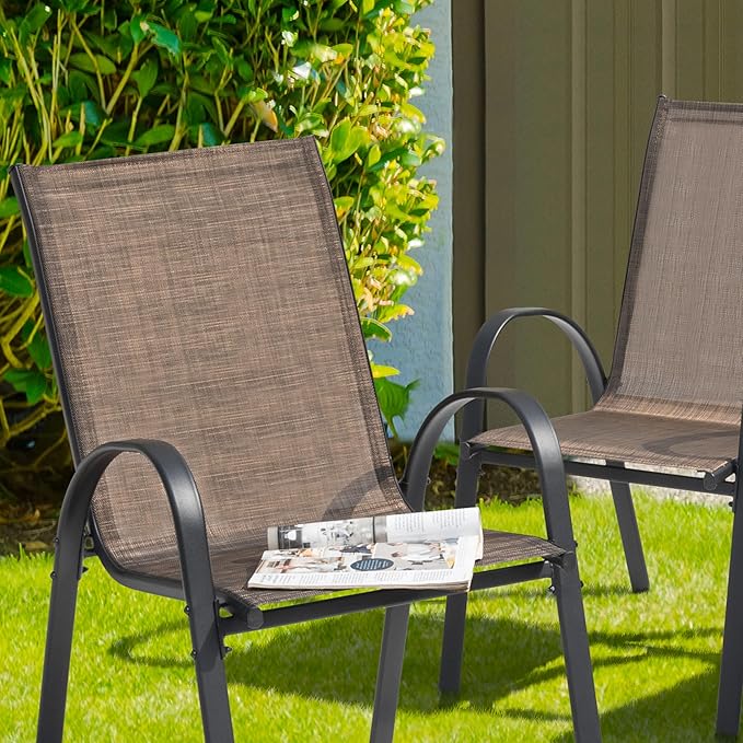 NUU GARDEN Set of 4 Patio Dining Chairs Outdoor Stackable Chairs with High Back All Weather Textilene Seats Metal Frame Breathable Garden Chairs for Deck Backyard Brown