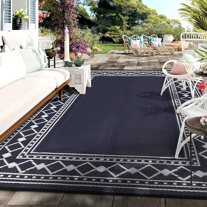 Garvee Large Outdoor Rug 10x20 Patio Rug Waterproof Plastic Straw Outdoor Carpet Washable Reversible Mat Modern Border Outdoor Rug for Camping RV Deck Entrance Porch Picnic Balcony Backyard,Black/Blue