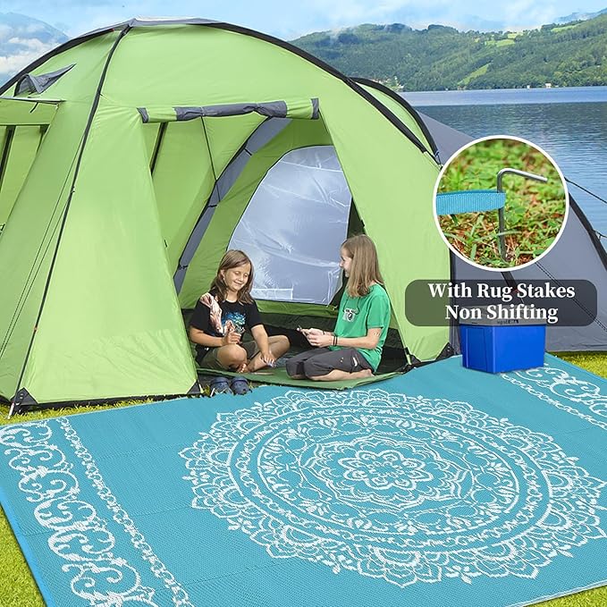 GAOMON Large Outdoor Rugs for Patio 9x18 Portable Outdoor Carpet, Reversible Plastic Straw Camping Mat, Waterproof Outside Rug for RV, Porch, Deck, Balcony, Beach, Teal/White(Medallion)