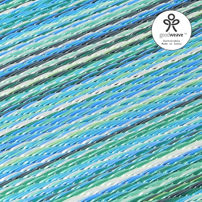 Fab Habitat Outdoor Rug - Waterproof, Fade Resistant, Crease-Free - Premium Recycled Plastic - Striped - Large Patio, Deck, Sunroom, Camping, RV - Cancun - Turquoise & Moss Green - 8 x 8 ft