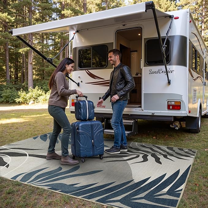 GENIMO Outdoor & Indoor Area Rug 5'x8', Waterproof, Non-Shedding, Easy Cleaning, Leaf Mat for Patio, Living Room, Balcony, Dining Room, RV, Deck, Bedroom, Camping, Outside Carpet, Blue Grey