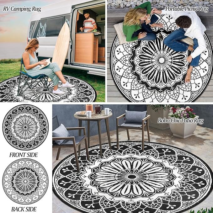 Cekene Round Outdoor Rugs 6Ft Reversible Patio Rugs Lightweight Plastic Straw Rug Portable RV Camping Mat Waterproof Area Rug for Patio Deck Porch Picnic Beach BBQ Garden