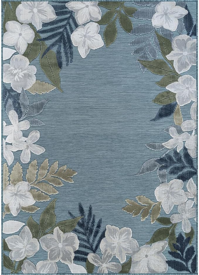 Outdoor Rug 5x7 Washable Area Rugs Indoor Outdoor Carpets Aqua Border Floral Non Shedding Waterproof Easy Clean Patio Deck Porch Living Room Bedroom Garden RV (5 X 7 Aqua)
