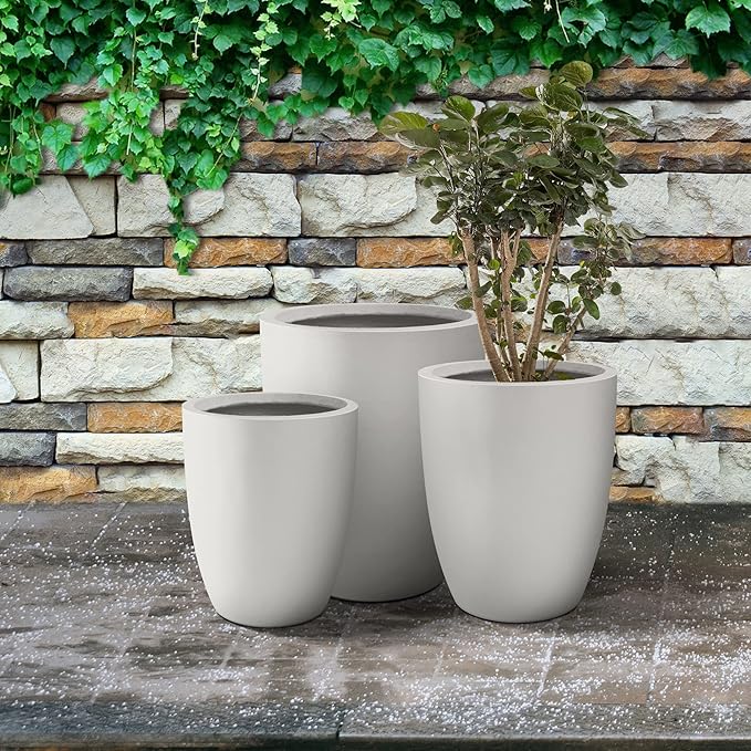Kante 18.1",20.5",22.4" H Tall Round Concrete Planters Set of 3, Outdoor Indoor Modern Decorative Plant Pots with Drainage Hole & Rubber Plug for Home & Garden Pure White