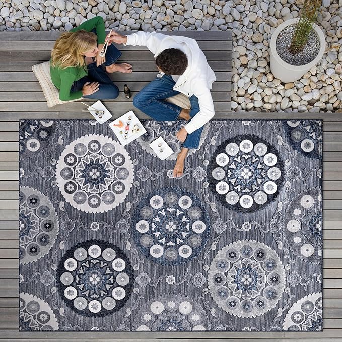 CAMILSON Indoor Outdoor Rug 10x14 Bohemian Medallion Floral Area Rugs for Indoor and Outdoor Patios Easy-Cleaning Non-Shedding Living Room Garden and Kitchen Washable Outside Carpet (10 x 14 / Navy)