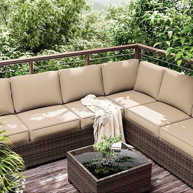 Outdoor Furniture Replacement Cushions, 5" Foam Foam High-Density, Fits 6-seat Sectional Rattan Conversation Set, 14 Piece Patio Water-Resistant Replacement Sofa Cushions, Liner&Cover