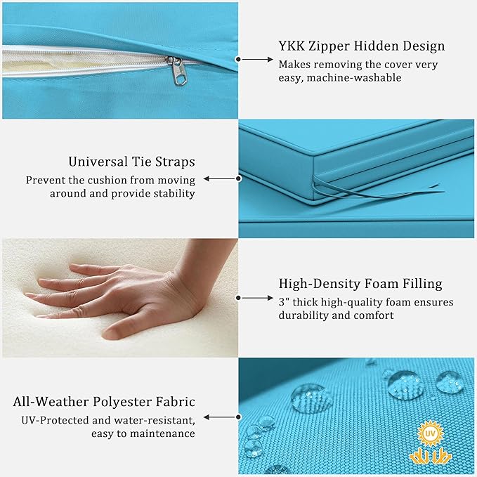 3 Pack Outdoor Replacement Cushions,36L x 18W x 3H,18L x 18W x 3H inch, High-Elastic Replacement Sponge for 4-Seater Water-Resistant Patio/Sofa with Removable Covers (Lake Blue)
