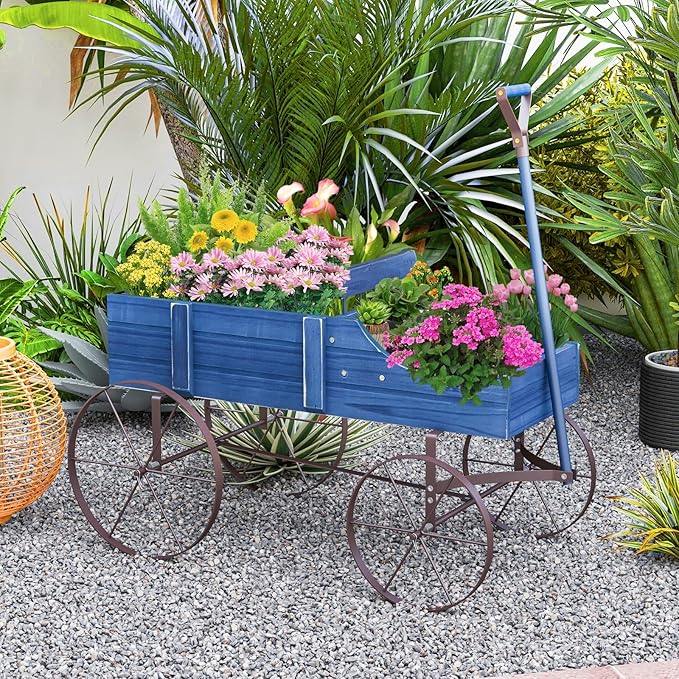 Wooden Wagon Planter with Wheels, Indoor/Outdoor Flower Cart w/Dual-Compartment & Adjustable Handle, Decorative Garden Planter for Home, Yard, Wedding (Blue)