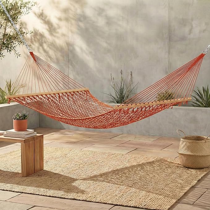 Fab Habitat 12-14 ft Adjustable Quick Dry Recycled Polyester Rope Hammock, Fade Resistant, 2 Person Indoor/Outdoor (460lbs Capacity) for Patio, Poolside, Backyard, Garden, Balcony, Miami - Tangerine
