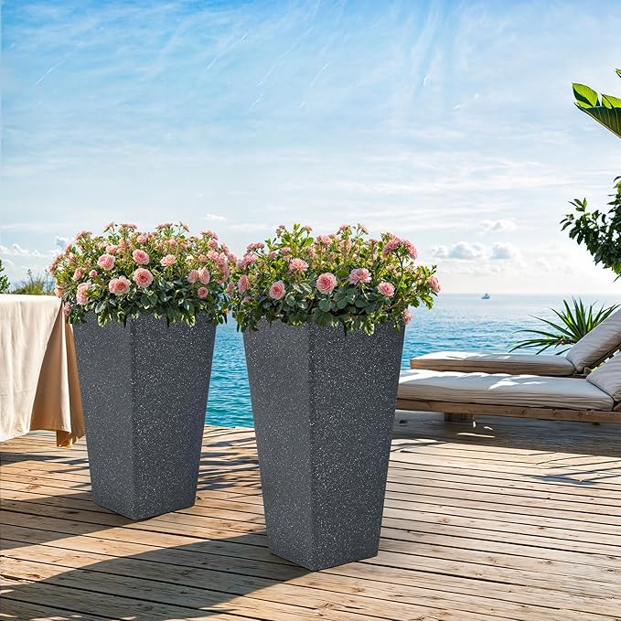 28" Plant Pots Tall Planters for Plants Outdoor Set of 2 Plastic Planter Pot Large Flower Pots Indoor Weather-Resistant for Patio, Porch, Garden, Front Door Christmas Decor Terrazzo Black