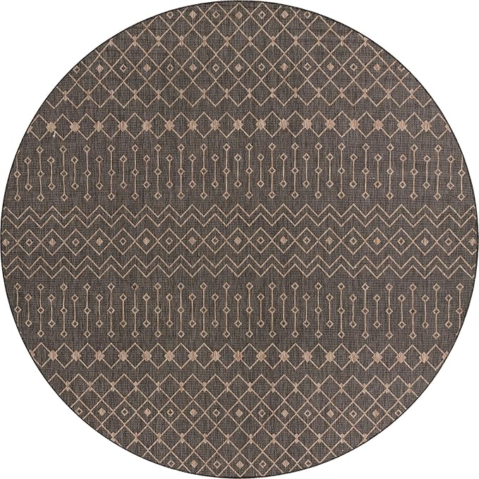 Unique Loom Outdoor Trellis Collection Area Rug - Tribal Trellis (13' Round, Charcoal Gray/ Natural)