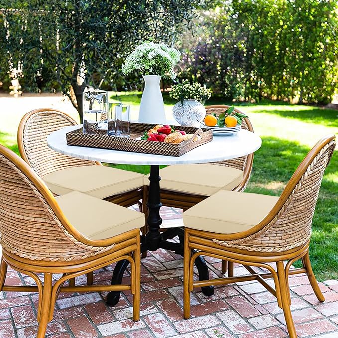 Outdoor Chair Cushions Set of 4 Water Resistant Patio Chair Cushions with Tie 3 Year Color Fastness Thick Outdoor Seat Cushion for Garden Lawn Round Corner Beige 17x16 Inch