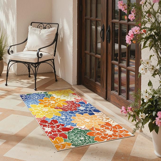 GENIMO Indoor Outdoor Area Rug for Entryway, 3'x5' Entry Rugs Door Mat, Machine Washable, Waterproof, Non-Slip, Easy Cleaning, Floral Outdoor Carpet for Patio Balcony Bedroom Kitchen Deck, Colorful