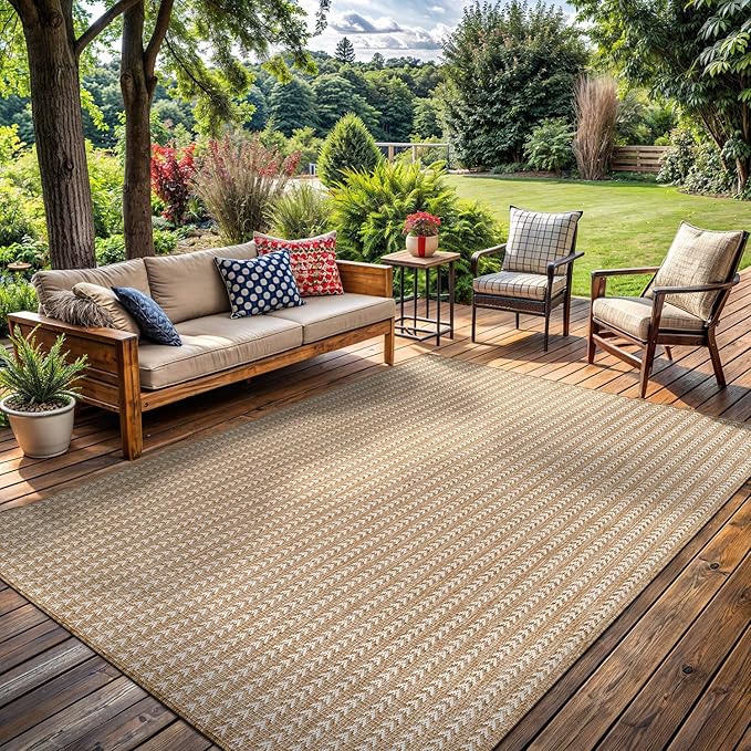 Washable Outdoor Rug 5x7 Modern Area Rugs Outdoor Carpets Striped Pattern Non Shedding Waterproof Easy Clean Patio Deck Porch Living Room Bedroom Garden RV (5 X 7 Natural)