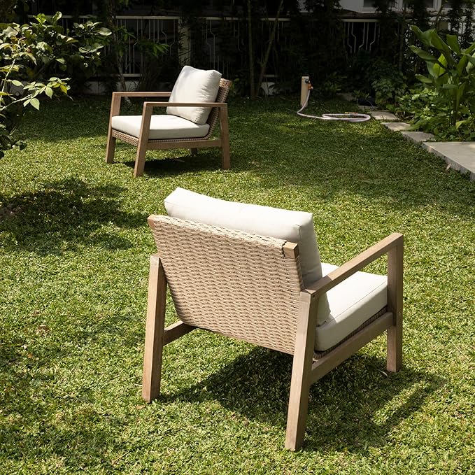 IDZO Olivier Premium Eucalyptus Outdoor Club Chairs Set of 2, 400lbs Heavy Duty Patio Furniture Set, Ergonomic Slanted Backrest Design, 4.5in Thick Cushion, Wood Wicker Silver Gray