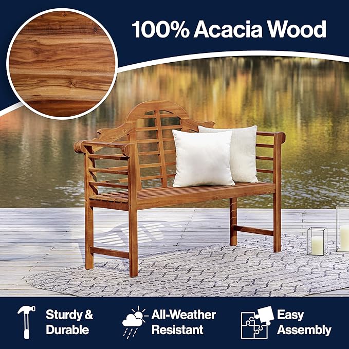 JONATHAN Y BNH103A Lutyens 51.2" 3-Seat Arched 600-Lbs Support Acacia Wood Outdoor Garden Patio Bench for Garden, Lawn, Backyard, Pool, Deck, Beach, Firepit, Teak