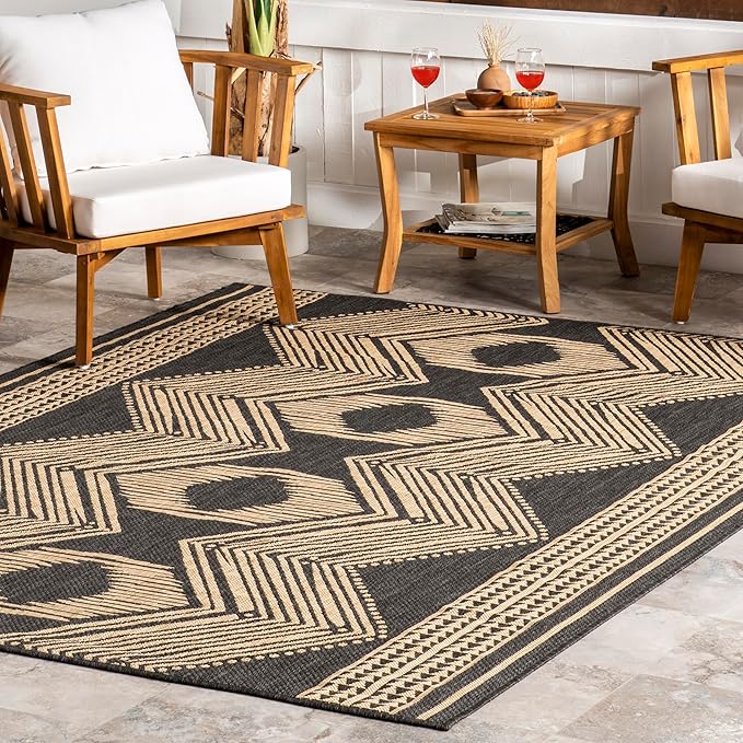 nuLOOM 2' x 3' Outdoor Tribal Geometric Area Rug, Stain Resistant, Weather Resistant, High Traffic, Patio, Balcony, Outside, Ranya Dark Grey