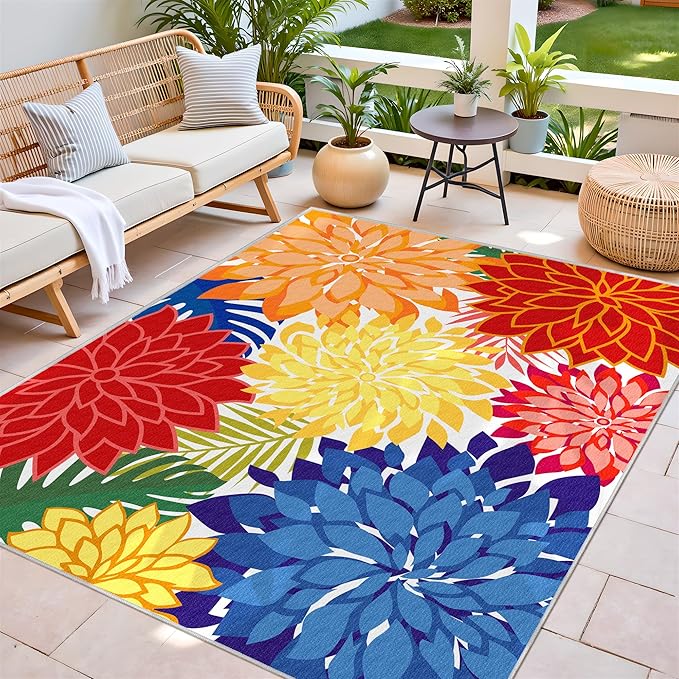 Outdoor Area Rug Washable Multicolored Patio Rug Tropical Botanical Modern Floral Outdoor Carpet Non-Slip for Patio, Deck, Backyard, Porch (8x10)