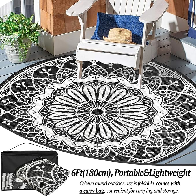 Cekene Round Outdoor Rugs 6Ft Reversible Patio Rugs Lightweight Plastic Straw Rug Portable RV Camping Mat Waterproof Area Rug for Patio Deck Porch Picnic Beach BBQ Garden