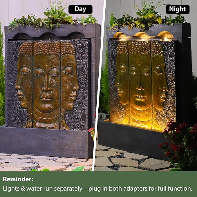 45" Outdoor Fountain Zen Buddha Face Wall Fountains and Waterfalls with Planting Groove for Meditation Room Balcony Home Garden Patio, Gold
