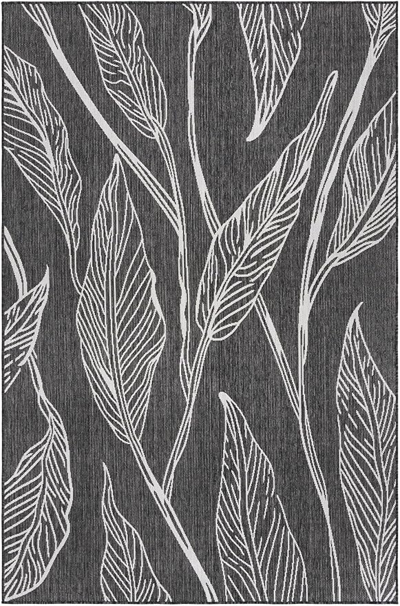 Unique Loom Outdoor Botanical Collection Area Rug - Leaf (6' 1" x 9' Rectangle, Ivory Charcoal)