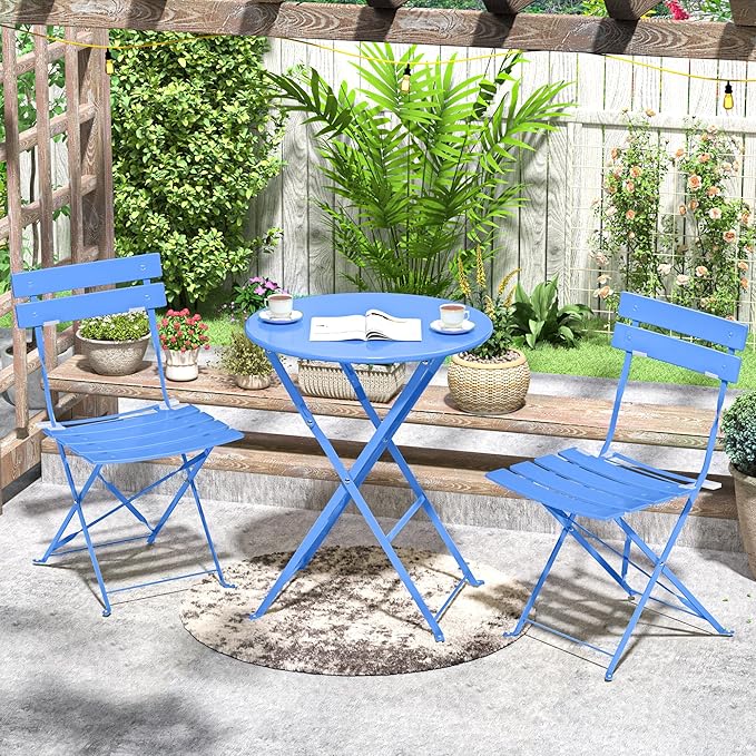3 Piece Bistro Set, Folding Patio Furniture Set, Outdoor Table and Chairs Set for Patio, Garden, Balcony and Poolside, Blue