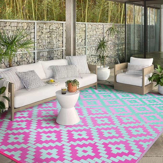Wonnitar Outdoor Rug 9x12 Waterproof Reversible Plastic Straw Rug for Patio Clearance, Modern Outside Area Rug RV Rug for Camping, Indoor Outdoor Portable Mat for Deck Balcony Porch, Green/Pink