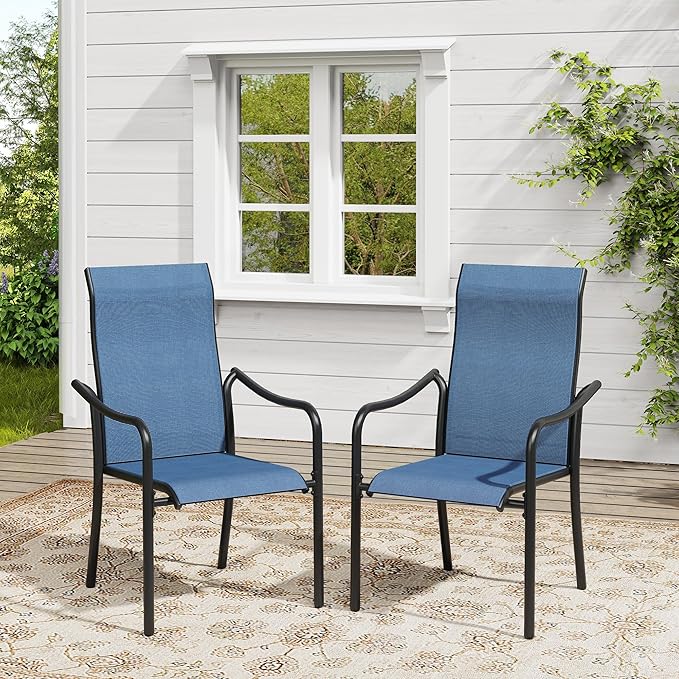 VICLLAX Patio Stackable Dining Chairs Set of 4, Outdoor Sling Chairs with Breathable Fabric and High Back for Balcony Porch Backyard, Dark Blue