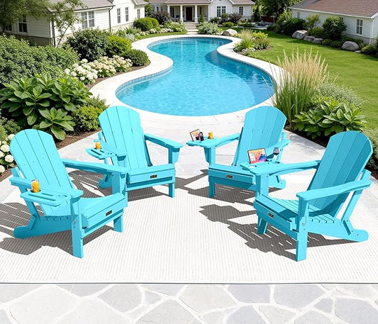 SERWALL Folding Adirondack Chair Set of 4, Outdoor Adirondack Chairs with 4 in 1 Cup Holder, Wood Texture Patio Chairs, Weather Resistant Fire Pit Chairs for Patio Deck Garden, Backyard - Aruba Blue
