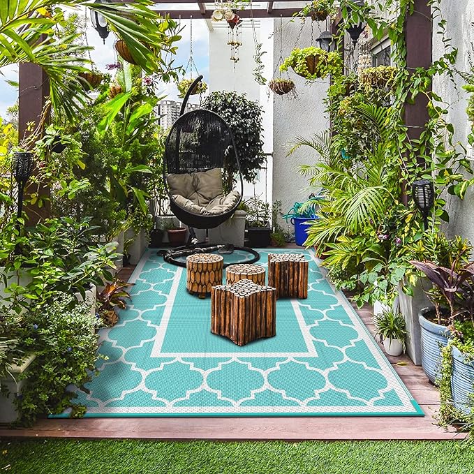 GENIMO 8 ' x 10 ' Outdoor Rug for Patio Clearance, Waterproof Indoor Outdoor Plastic Straw Rugs Carpet, Reversible Outside Area Mat for Camping, Balcony Porch, Deck, Picnic, Beach Aqua Blue & White