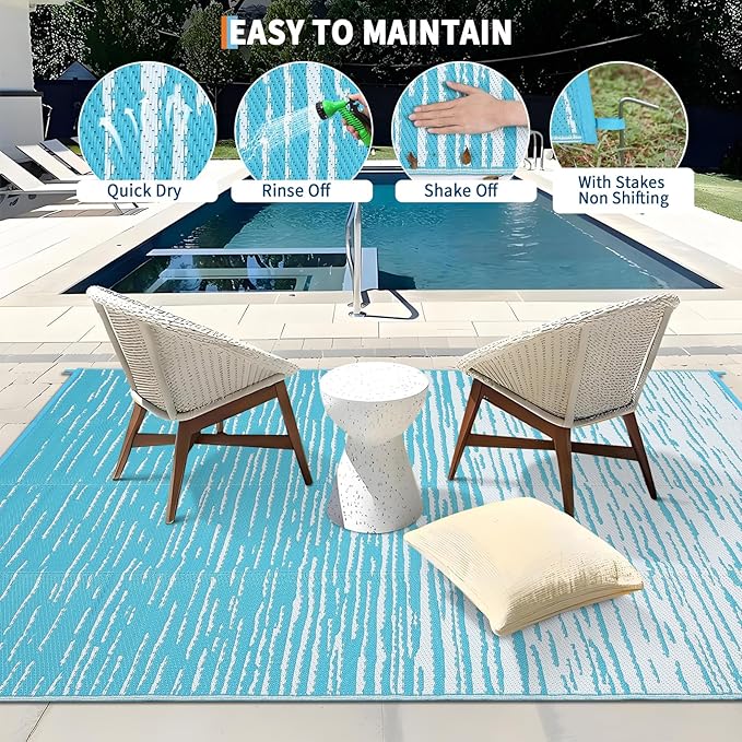 9x12 Outdoor Rug Waterproof Foldable Plastic Straw Carpet for Patio Porch Abstarct Line Reversible Mat Lightweight Floor Mat for Picnic, Backyard, Rv, Beach, Deck, Camper, Balcony，Light Blue