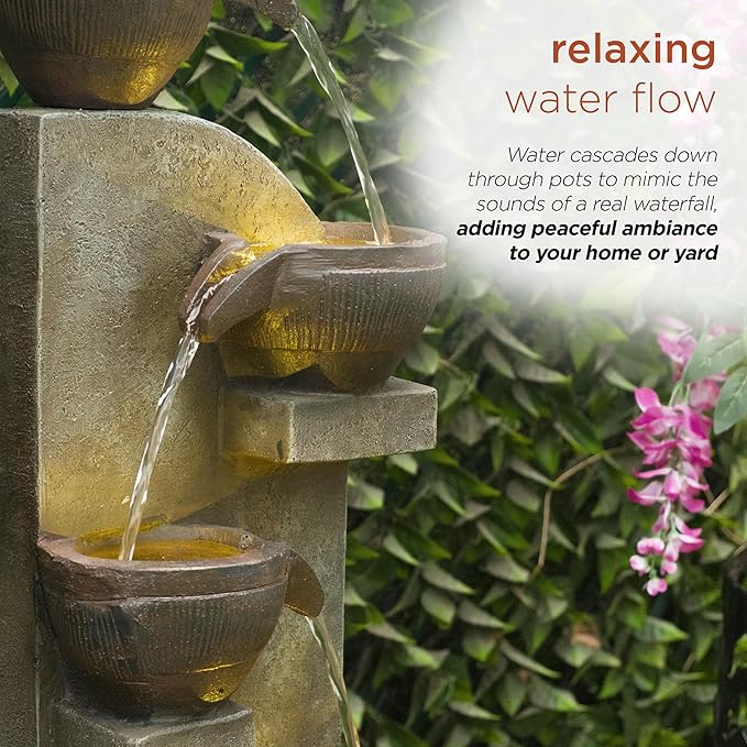 Alpine Corporation 40” Tall Indoor/Outdoor 4-Tier Fountain with LED Lights, Cascading Pot and Bowl Water Feature, Elegant Waterfall for Garden, Patio & Home, Brown