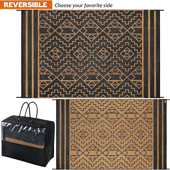 SAND MINE Reversible Mats, Plastic Straw Rug, Modern Area Rug, Large Floor Mat and Rug for Outdoors, RV, Patio, Backyard, Deck, Picnic, Beach, Trailer, Camping (6' x 9', Black & Brown)