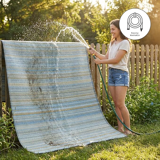 Fab Habitat Outdoor Rug - Waterproof, Fade Resistant, Crease-Free - Premium Recycled Plastic - Striped - Patio, Porch, Deck, Balcony, Sunroom - Cancun - Shadow Blue - 5 x 8 ft
