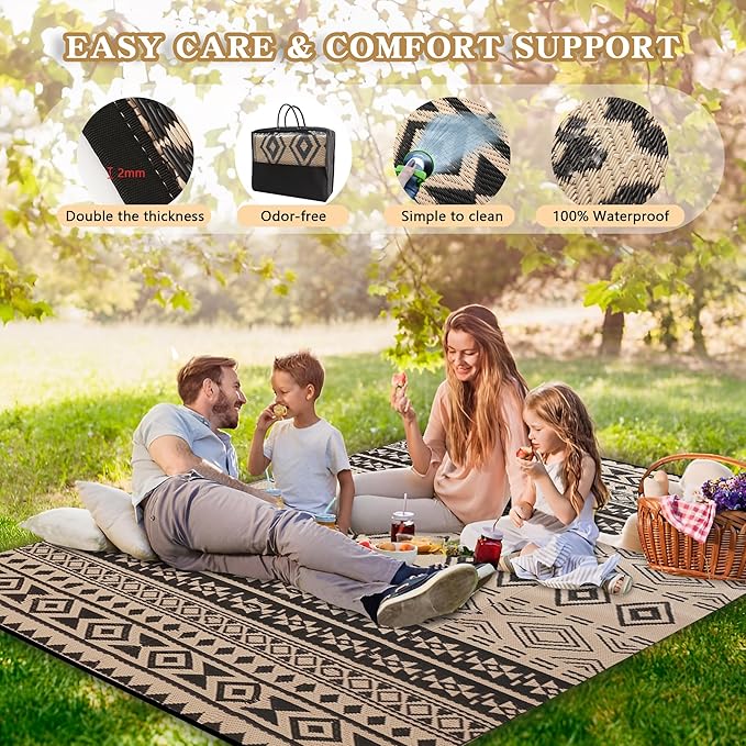 Wallona Outdoor Rugs 8x10 ft Patio Waterproof Clearance Indoor Outdoor Large Carpet for Patio Plastic Straw Reversible Area Rugs Mat for RV, Camping, Balcony, Beach, Picnic, Porch, Boho Black & Beige