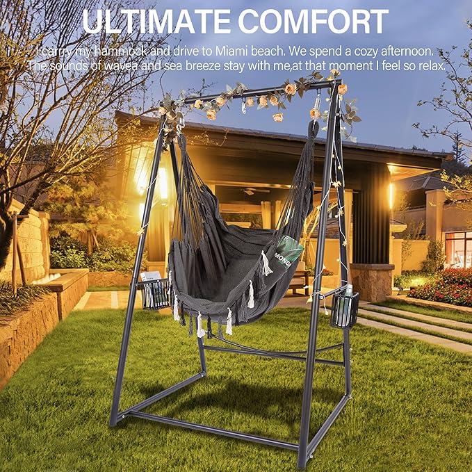 Hammock Chair Hanging Rope Swing & Stand Set with Two Holders, Heavy Duty Hanging Stand with Three Hooks, Multi-Use for Indoor Outdoor Patio Yard Garden(Black & Black)