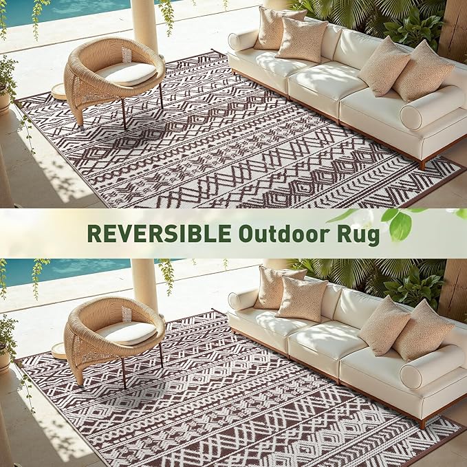 MontVoo Outdoor Rug Carpet Waterproof 5x8 Outdoor Patio Rug Mat Reverisble Plastic Straw Outdoor Rug for RV Camping Picnic Beach Balcony Boho Beige Brown