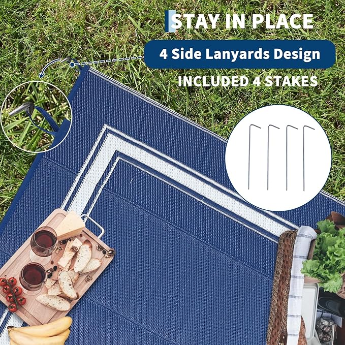 Outdoor Rug 9x18 Waterproof Reversible Mat All Weather Outdoor Plastic Straw Rus Carpet UV Resistant Modern Bordered RV Mat Carpet for Patio Deck Balcony Pool Picnic Blue/White