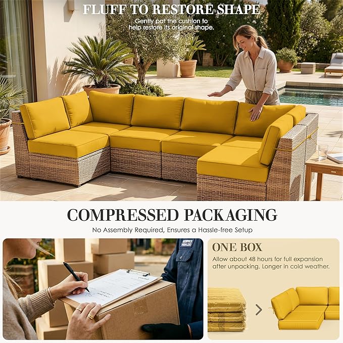 Outdoor Replacement Cushions for Patio Furniture, 5" Foam High-Density, 14-Piece Water-Resistant Outdoor Cushion for 6-Seat Sectional Patio Conversation Sets, Liner&Cover