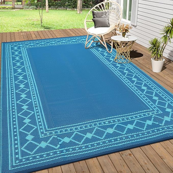 Garvee Outdoor Rug 9x18 ft, Patio Plastic Straw Rug Waterproof Reversible Patio Mat, Large Plastic Straw Rug for RV, Camping, Deck, Balcony, Easy Clean & Portable,Green/Blue