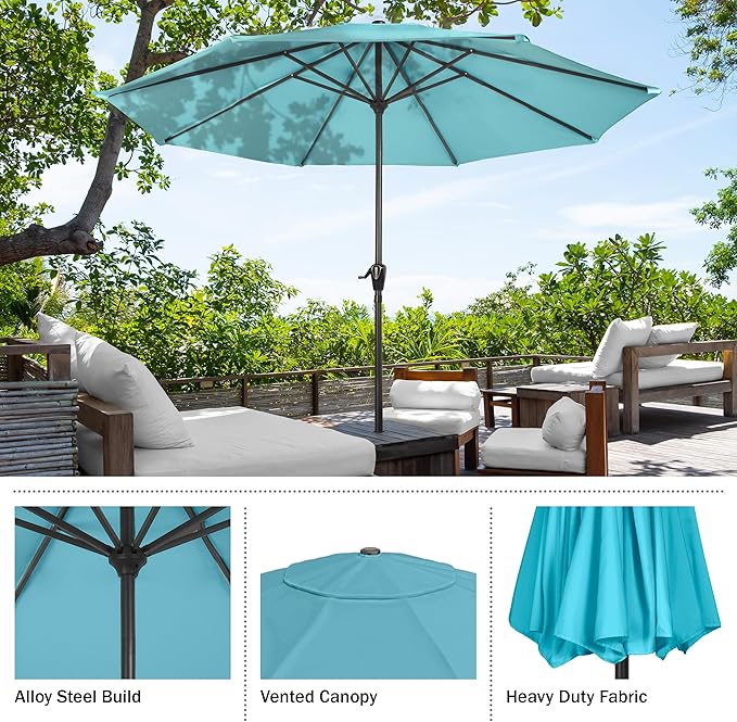 Pure Garden Patio Umbrella with Vented Canopy - 9 Ft Easy Crank Outdoor Umbrella for Shade - For Deck, Balcony, Porch, Backyard, or Pool (Light Blue)