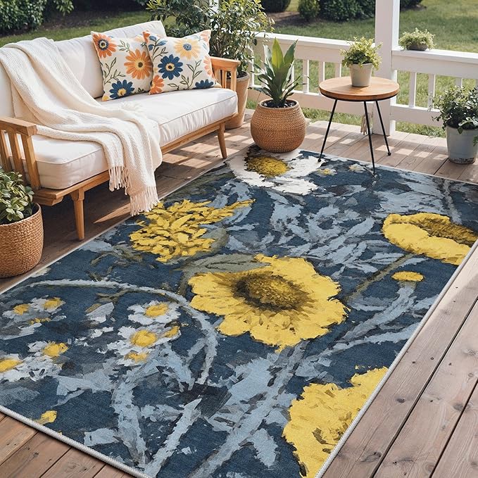 GENIMO Indoor Outdoor Area Rug 5'x8', Machine Washable Rugs for Patio, Waterproof, Non-Slip Easy Cleaning Floral Outdoor Mat Carpet for Living Room, Bedroom, RV, Balcony, Deck, Camping, Blue