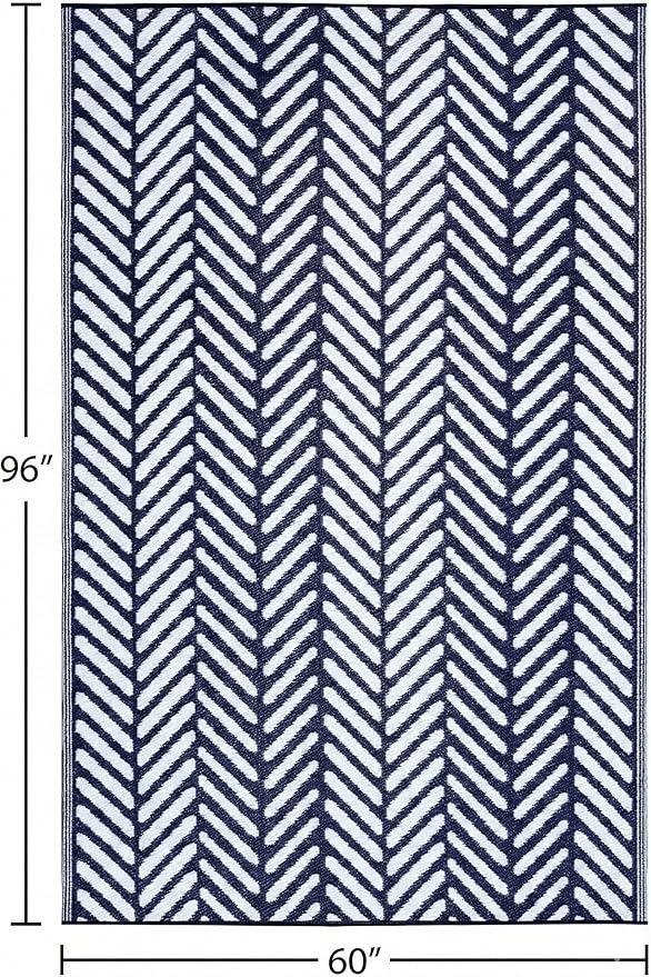 FH Home Outdoor Rug - Waterproof, Fade Resistant, Reversible - Premium Recycled Plastic - Herringbone - Patio, Porch, Deck, Balcony - Fresno - Navy Crease Free - 5 x 8 ft