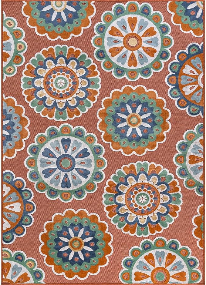 Outdoor Rug 5x7 Washable Area Rugs Indoor Outdoor Carpets Orange Bohemian Medallion Non Shedding Waterproof Easy Clean Patio Deck Porch Living Room Bedroom Garden RV (5 X 7 Orange)