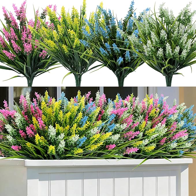 Geegoods Artificial Plants Flowers Outdoor – 24 Bundles UV Resistant Faux Lavender Flowers with Monkey Grass for Garden Porch Window Patio Hanging Planter Decor