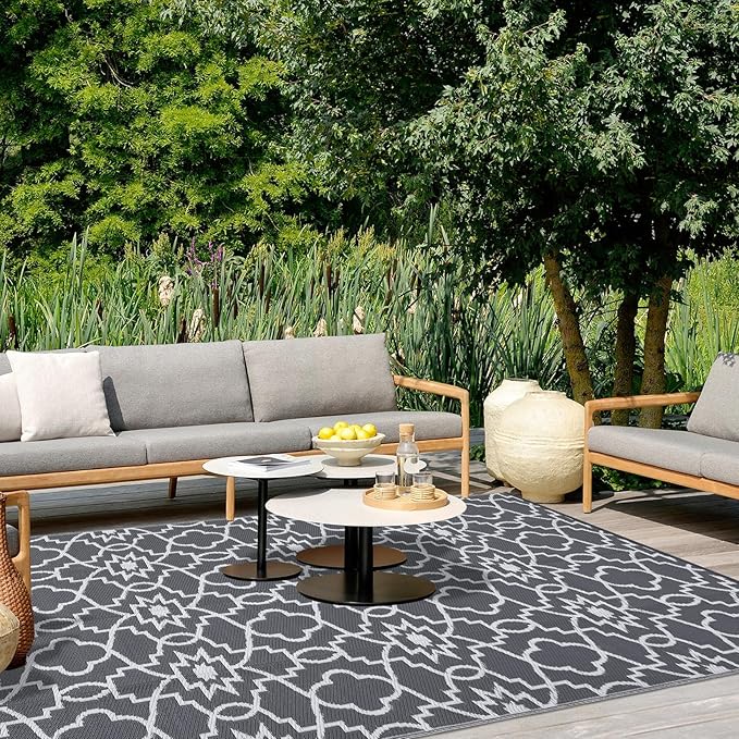 GAOMON Outdoor Rug Waterproof 8x10 Modern Camping Carpet for Patio, UV-Resistant Outdoor Plastic Straw Rug, Geometric Floral Reversible Floor Mats for Picnic, Porch, Deck, Beach, Grey/White(Floral)