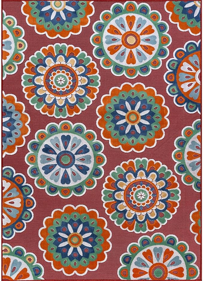 Outdoor Rug 6x9 Washable Area Rugs Indoor Outdoor Carpets Red Bohemian Medallion Non Shedding Waterproof Easy Clean Patio Deck Porch Living Room Bedroom Garden RV (6 X 9 Red)