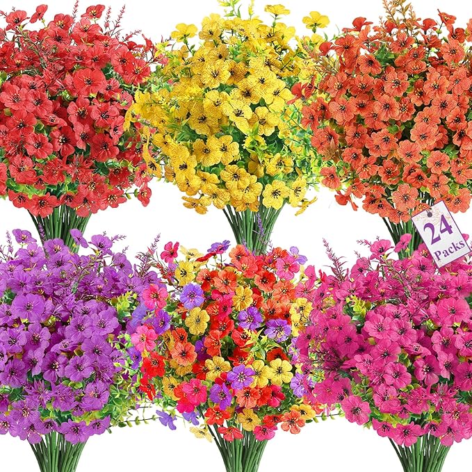 SHareconn 24 Bundles Artificial Flowers for Outdoors Decoration, Faux Plants Fake Silk Colorful Daisy Eucalyptus Lavender, UV Resistant for Outside Home Indoor Spring Decor, RedRosyPurpleYellowOrange