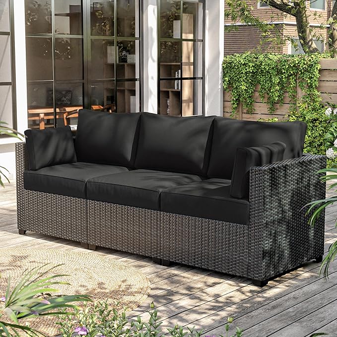 8-Piece Outdoor Cushions for Patio Furniture Thick Outdoor Chair Cushions Resilient Foam Waterproof Deep Seat Cushion Replacement for 3-Seat Sectional Sets Liner&Cover Black