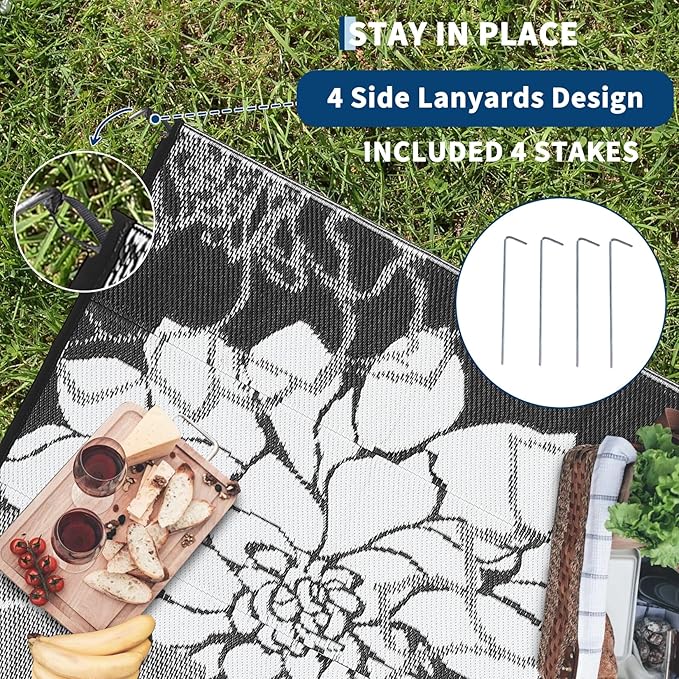 Large Waterproof Outdoor Rug 9x18 Weather Resistant Plastic Straw Rug, Reversible Floral Patio Carpet, Foldable RV Camping Mat with Stakes & Carry Bag, Outside Carpet for Garden Porch, Black